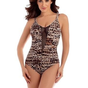 🌻NEW (with tags) Miraclesuit Wildside Mesh Plunge One Piece Swimsuit Size 12